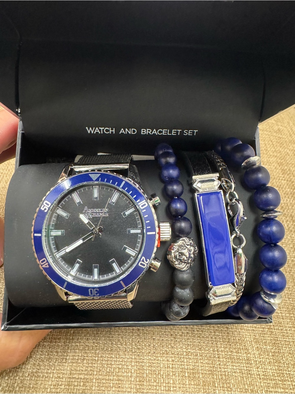 American Exchange Men's 4-Piece Watch & Bracelet Set Beaded Blue/Silver/Black